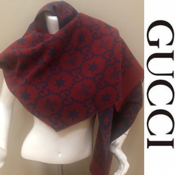 Gucci Wool Silk Jacquard GG Monogram Bees Stars Scarf*NWT - Picture 1 of 9